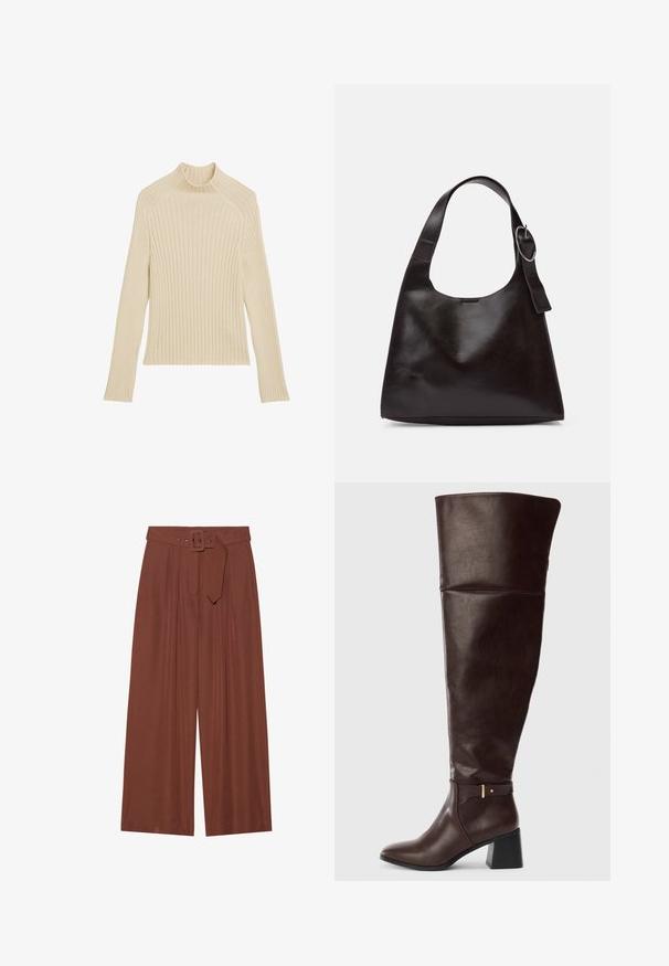 Rippstrick Langarmtop in Cremeweiß mit hohem Kragen und schlanker Passform. Mit vertikaler Struktur und verkürztem Saum.; Braune Weitbeinehosen aus Stoff, mit einem Gürtel mit eckiger Schnalle, gefältetem Design und glatter Textur.; Dunkelbraune, knöchelhohe Lederstiefel mit Blockabsatz und dekorativem Riemendetail an der Seite, vor einem schlichten hellen Hintergrund gezeigt.; Braune Lederumhängetasche mit glatter Textur, runder Form, breitem Tragegurt und metallischem, kreisförmigem Akzent am Griff.