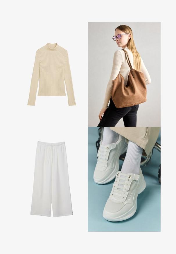 Ribba neule pitkähihaisessa paidassa on off-white väri, korkea kaulus ja slim fit -leikkaus. Paidassa on pystysuora tekstuuri ja lyhennetty helma.; Valkoiset leveälahkeiset housut, jotka on valmistettu kevyestä kankaasta. Niissä on joustava vyötärö ja nauha säädettävää istuvuutta varten. Sileä pinta.; Valkoiset lenkkarit, joissa on verkkokangas, kumipohja, nauhattomuus elastisilla nauhoilla ja kultatäyteiset yksityiskohdat.; Ruskea nubukkivuoriolaukku, jossa on pehmeä rakenne, tilava avaus ja pitkät hihnat. Ominaisuuksiin kuuluu yksinkertainen muotoilu näkyvine ompeleineen ja ilman metalliosia.