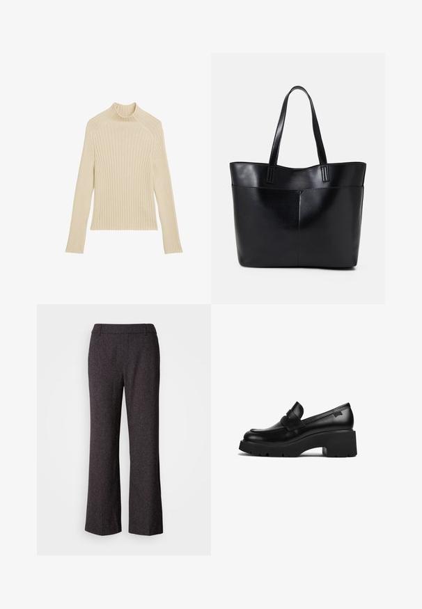 Raukšlėta megzta ilgomis rankovėmis palaidinė off-white spalvos su aukšta apykakle ir siauru kirpimu. Yra vertikali tekstūra ir trumpas kraštas.; Mos Mosh SVALA - Kelnės - black; Juodas odinis loaferis su storais kulnais, storu padu ir dirželiu per viršų, rodoma iš šono ant baltos fono.; Juoda odinė rankinė su dviem ilgais diržais, lygiu paviršiumi ir struktūrizuota forma. Yra priekinė kišenė papildomam saugojimui.