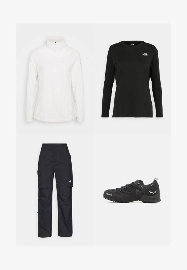 Weißer Fleece-Pullover mit hohem Kragen und halbem Reißverschluss, ausgestattet mit Raglansäulen und einer glatten Textur. Einfaches und funktionales Design.; Schwarzes Langarm-T-Shirt aus Baumwolle mit Rundhalsausschnitt. Verfügt über ein kleines weißes Logo auf der linken Brustseite. Einfaches Design und Passform.; Schwarze Nylon-Zip-Off-Cargohosen mit verstellbaren Bündchen, mehreren Taschen und einem Logo am rechten Bein. Glatte, leichte Textur.; Schwarze Wanderschuhe mit einem strukturierten Obermaterial aus Stoff, Schnürsystem und robuster Gummisohle. Akzentuiert mit reflektierenden Details und Logos.