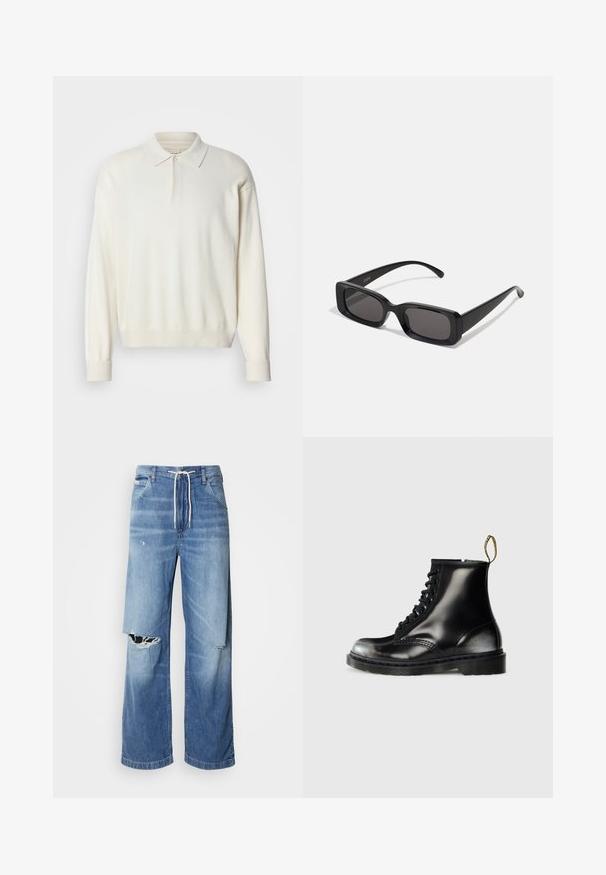 Valge, pikakäiselise polo-swetri, mis on valmistatud pehmest materjalist. Sellel on klassikaline krae, nööbivarrukad ning ribitud varrukad ja serv.; Hele sinise denimist püksid laia lõikega, millel on valgest nöörist vöö ja eristuvad rebenemised ees, paljastades hargnevad servad.; Mustad mustadest nahast pahkluu saapad läikiva viimistlusega, kaheksa silmust, mustad paelad ja tõmblukk. Omab tekstureeritud tallaga mustrit.; Mustad mustanäolised prillid tumedate läätsedega, läikiv viimistlus, laiad sangad ja massiivne raami disain. Ühe sanga peal on graveeritud brändi nimi.