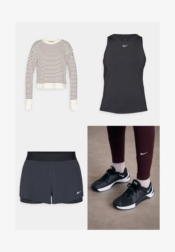 Kreemist värvi lühendatud pikkade varrukatega särk, millel on tumeda pruunid horisontaalsed triibud. Omab ümmargust kaelust ja sobivaid mansette. Pehme kangastekstuuri.; Must have mustern kootud sportlik tank top, mis on valmistatud venivast ja siledast kangast. Omab ümarat kaelust ja väikest valget Nike logo rinnas.; Mustad must sportlikud lühikesed püksid, millel on elastne vöökoht, kihiline disain ja väike valge Nike logo vasakul all. Kerge materjal.; Mustad mustat spordijalatsid tekstuurse pealse ja valgete aktsentidega, koos paelte ja külglogoga. Kanda tumepruunide leggingsidega ja heledate sokkidega.