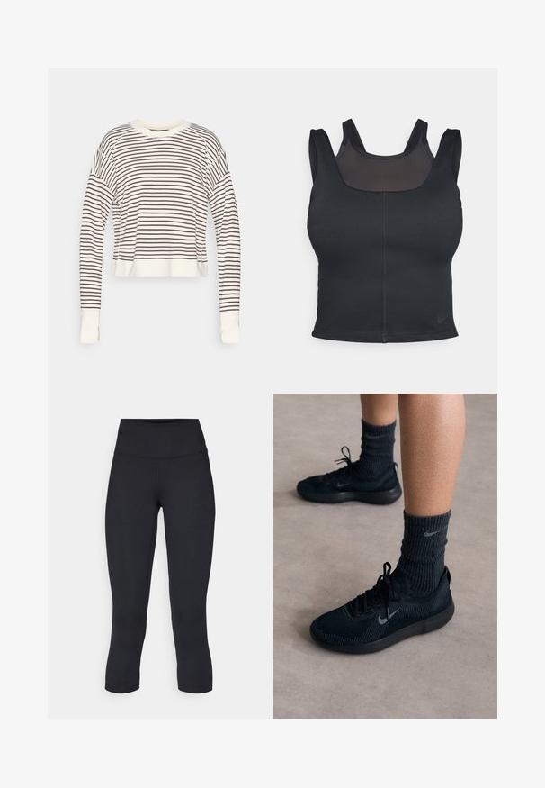 Skórzana bluzka z długim rękawem w kolorze kremowym z ciemnosłomianymi poziomymi paskami. Posiada okrągły dekolt i dopasowane mankiety. Miękka tekstura materiału.; Czarny biustonosz sportowy o dopasowanym kroju, z szerokimi ramiączkami i siateczkowym wykończeniem z przodu. Gładka tekstura i minimalne szwy. Logo Nike na dolnym brzegu.; Czarne, krótkie legginsy wykonane z elastycznego materiału, z wysokim stanem i gładką strukturą, bez widocznych wzorów czy elementów metalowych.; Czarne sneakersy Nike z teksturowaną dzianiną, z szarym logo swoosh, w połączeniu z ciemnymi, prążkowanymi skarpetkami. Płaska gumowa podeszwa.