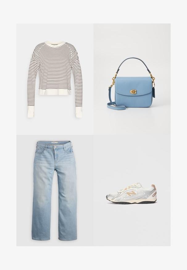 Top court à manches longues couleur crème avec des rayures horizontales marron foncé. Il présente un col rond et des poignets ajustés. Texture de tissu douce.; Jean large bleu clair en denim. Présente une taille haute, cinq poches et des coutures contrastées. Texture lisse avec une finition délavée.; Sneaker de sport en gris clair avec accents argentés, tige en mesh, détails beiges et semelle extérieure en caoutchouc noir. Comprend des lacets et un col rembourré.; COACH CASSIE CROSSBODY BAG - Sac à main - blue