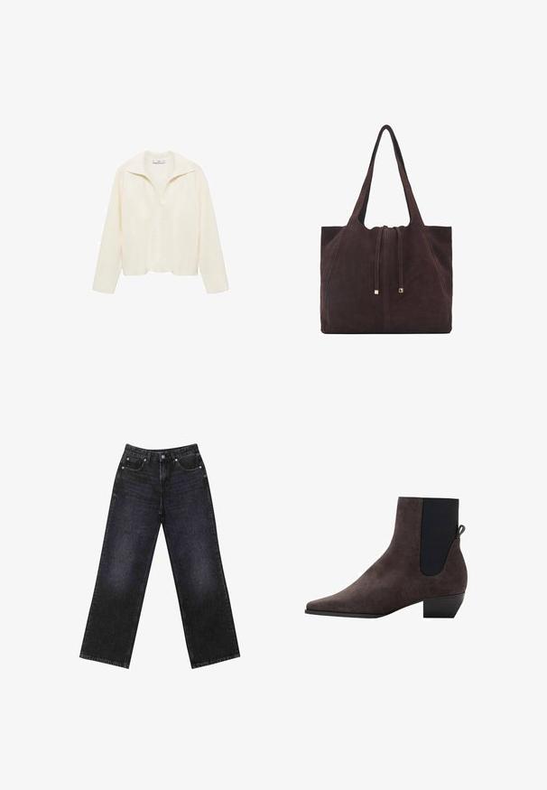 Gestrickter, elfenbeinfarbener Pullover mit lockerer Passform, V-Ausschnitt und Kragen. Verfügt über gerippte Textur und lange Ärmel, geeignet für legere Anlässe.; Hoch taillierte schwarze Jeans aus Denim mit weitem Bein, Fünf-Taschen-Design und sichtbaren Nähten. Der Stoff hat eine glatte, leicht strukturierte Oberfläche.; Dunkelgraue Wildleder-Ankleboots mit spitzer Zehenpartie, elastischen Seitenpaneelen und einem kleinen Blockabsatz. Verfügt über eine Zuglasche an der Rückseite.; Mango Shopping Bag - dark brown