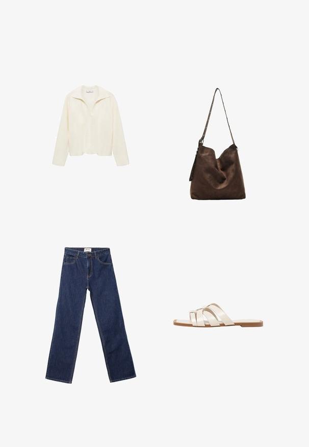 Gestrickter, elfenbeinfarbener Pullover mit lockerer Passform, V-Ausschnitt und Kragen. Verfügt über gerippte Textur und lange Ärmel, geeignet für legere Anlässe.; Dunkelblaue gerade Jeans mit Fronttaschen, Gürtelschlaufen und einem Knopfverschluss.; Flache Sandalen mit einer honigfarbenen Gummisohle, gestaltet mit drei überlappenden weißen Lederriemen und einem kleinen Schleifendetail in der Mitte.; Braune Wildleder-Hobo-Tasche mit geschwungenem oberen Teil, einem langen Trageriemen mit Punktakzenten und einer weichen Textur. Verfügt über ein lässiges Design für den täglichen Gebrauch.