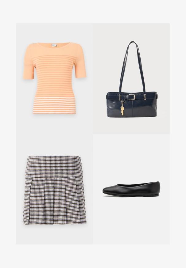Őszibarack színű, bordás felső rövid ujjal. Vízszintes csíkokkal rendelkezik, amelyek különböző árnyalatokban jelennek meg, így texturált mintát alkotnak.; Redős szoknya barna, bézs és kék kockás mintával. Texturált anyagból készült, fitted derékpánttal és díszített redőkkel.; Paul Smith TOPANGA - Balerina cipők - black; Sötétkék bőr kézitáska két hosszú fogantyúval, csattal díszítve és kulcstartóval. Simává polírozott textúrával és téglalap alakú dizájnnal rendelkezik.
