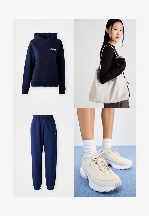 Tamsiai mėlynas gobtuvas su švelnia medžiaga. Yra priekinė kišenė ir baltas logotipas ant krūtinės. Nervingos rankovės ir apačia.; Tamsiai mėlynos sportinės kelnės, pagamintos iš minkštos medžiagos, su elastingu juosmeniu ir raišteliu, elastinėmis rankovėmis ir mažuoju baltu logotipu.; Kreminiai sportiniai batai su tekstūruota viršūne, baltais raišteliais ir storu baltu padu. Dizainas pasižymi subtiliomis kreivėmis ir nedideliu logotipu.; Bežinė rankinė, pagaminta iš minkštos medžiagos, turinti laisvą dizainą, siuvinėtas detalės ir dvi petnešos. Tinkama kasdieniam naudojimui.