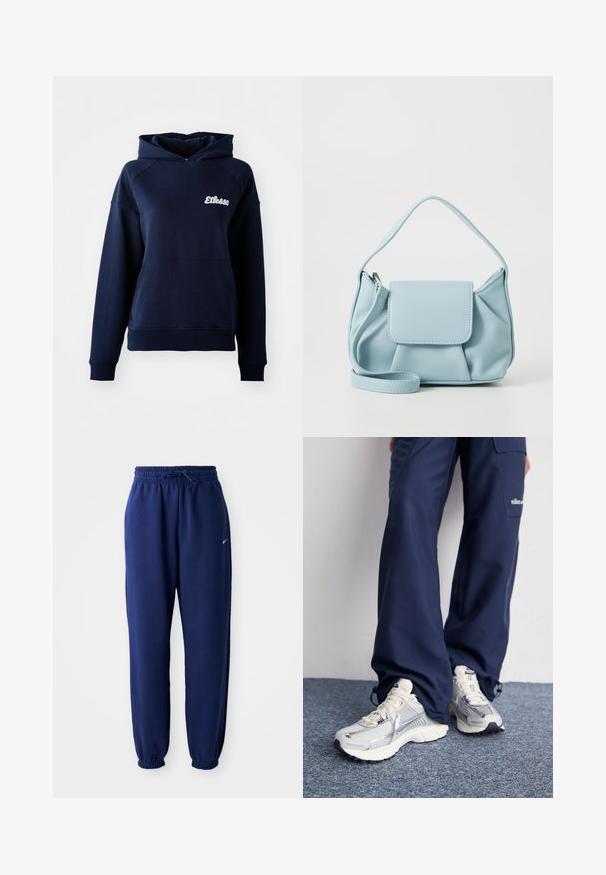 Tamsiai mėlynas gobtuvas su švelnia medžiaga. Yra priekinė kišenė ir baltas logotipas ant krūtinės. Nervingos rankovės ir apačia.; Tamsiai mėlynos sportinės kelnės, pagamintos iš minkštos medžiagos, su elastingu juosmeniu ir raišteliu, elastinėmis rankovėmis ir mažuoju baltu logotipu.; Nike sportiniai batai su sidabro spalvos tinklu, baltais akcentais ir tekstūruotais pado, derinami su laisvais tamsiai mėlynais kelnais.; Šviesiai mėlynas odinis rankinės maišas su viršutiniu rankenėle, priekinė kišenė su užklotu ir nuimamu riešo dirželiu ant baltos fono.