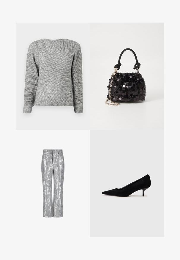 Szary, dzianinowy sweter z teksturowanym wzorem w romby, z długimi rękawami i okrągłym dekoltem. Ściśnięte mankiety i dół. Lekki materiał.; Srebrne spodnie haftowane liściastym wzorem, o prostym kroju, z gładką, błyszczącą fakturą. Funkcjonalne kieszenie i zapięcie na guzik.; Czarny zamszowy but na wysokim obcasie z wydłużonym noskiem i smukłym, niskim obcasem. Gładka tekstura z eleganckim wzornictwem, bez widocznych elementów metalowych.; Czarna mini torebka z cekinami, z węzłowym, teksturowanym paskiem i srebrnym łańcuchem. O zaokrąglonym kształcie z marszczoną górą i refleksyjnymi detalami.