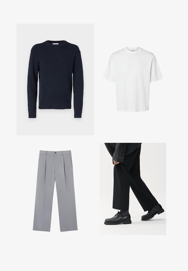 Navyblauer strukturierter Pullover mit Rundhalsausschnitt, langen Ärmeln sowie gerippten Bündchen und Saum. Hergestellt aus einem gestrickten Material mit einem dezenten Karomuster.; Weißes Baumwoll-T-Shirt mit kurzen Ärmeln, Rundhalsausschnitt und lässigem Schnitt. Glatte Textur ohne sichtbare Muster oder Akzente.; Grau gefaltete Hose mit entspannter Passform, aus leichtem Stoff gefertigt. Verfügt über Vordertaschen und einen Knopfverschluss an der Taille.; Schwarze Lederschuhe mit einer runden Spitze, Schnürdesign und dicker, strukturierter Sohle. Getragen mit maßgeschneiderten schwarzen Hosen und einem gerippten Pullover.