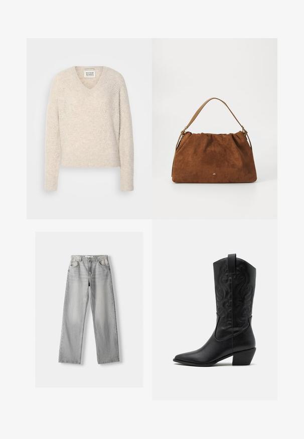 Maglione a maniche lunghe con scollatura a V in beige chiaro, con un motivo a maglia testurizzato con motivi a diamante e polsini e orlo in costina.; Jeans in denim grigio chiaro con design a gamba dritta, dotati di due tasche anteriori, chiusura con bottone e una leggera scoloritura per texture.; Stivale da cowboy in pelle nera con punta affusolata, motivi ondulati in rilievo e tacco di altezza media. Dotato di un pratico passante per indossarlo facilmente.; Borsa in suede marrone con un design arricciato, dotata di una singola tracolla in pelle beige e di un sottile logo dorato dettagliato sulla parte anteriore.