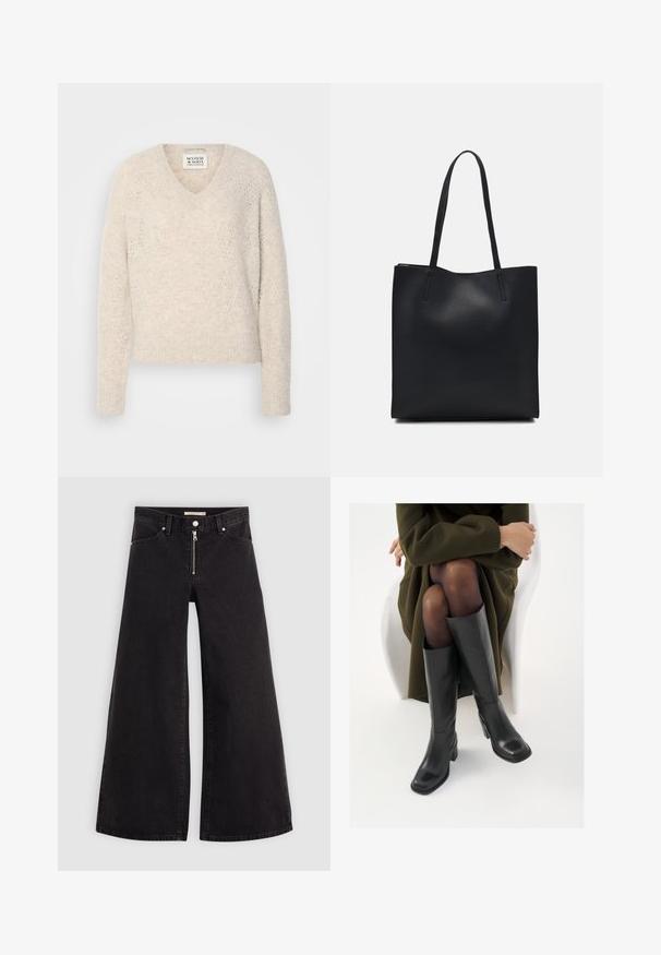 V-neck, long-sleeve sweater in light beige, featuring a textured knit pattern with diamond motifs and ribbed cuffs and hem.; Wide-leg jeans in black denim with a zippered front, five-pocket design, and subtle stitching details. Smooth texture and casual style.; Knee-high black leather boots with a squared toe and block heel, shown with a model seated in an olive green coat. Smooth texture, minimal detailing.; Black leather tote bag with smooth texture, rectangular shape, and two long handles. No visible hardware or embellishments.