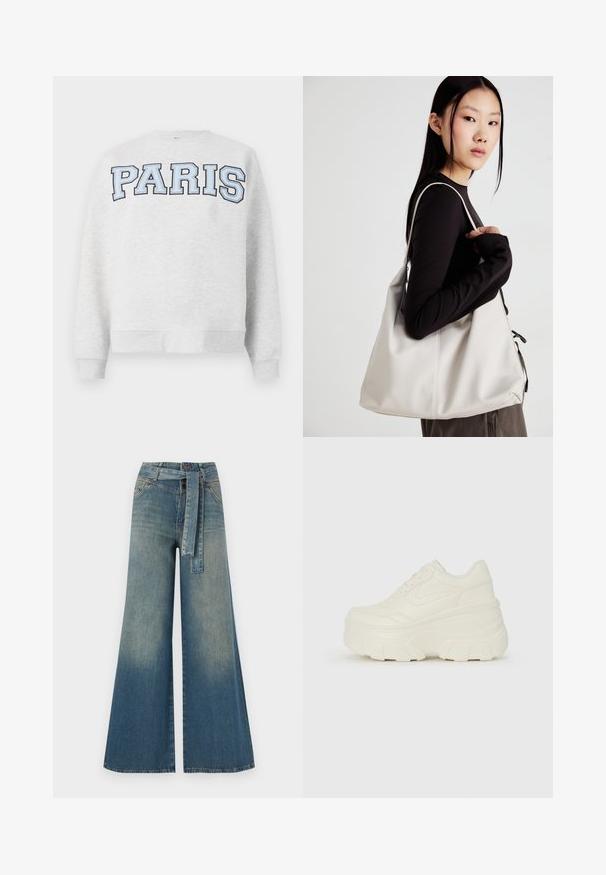 Sweatshirt cinza com "PARIS" em letras bold e azul claro na parte da frente. Apresenta um decote redondo e punhos e barra canelados.; Calças de ganga de perna larga com um gradiente de azul claro a escuro, cintura alta, passantes para cinto e um cinto de tecido a condizer. Acabamento em ganga texturizada.; Tênis brancos de plataforma com um cabedal suave semelhante a couro, formato arredondado, colarinho acolchoado e sola de borracha texturizada com ranhuras bem definidas.; Uma bolsa bege feita de material macio, com um design descontraído, detalhes de costura e duas alças para o ombro. Adequada para uso diário.