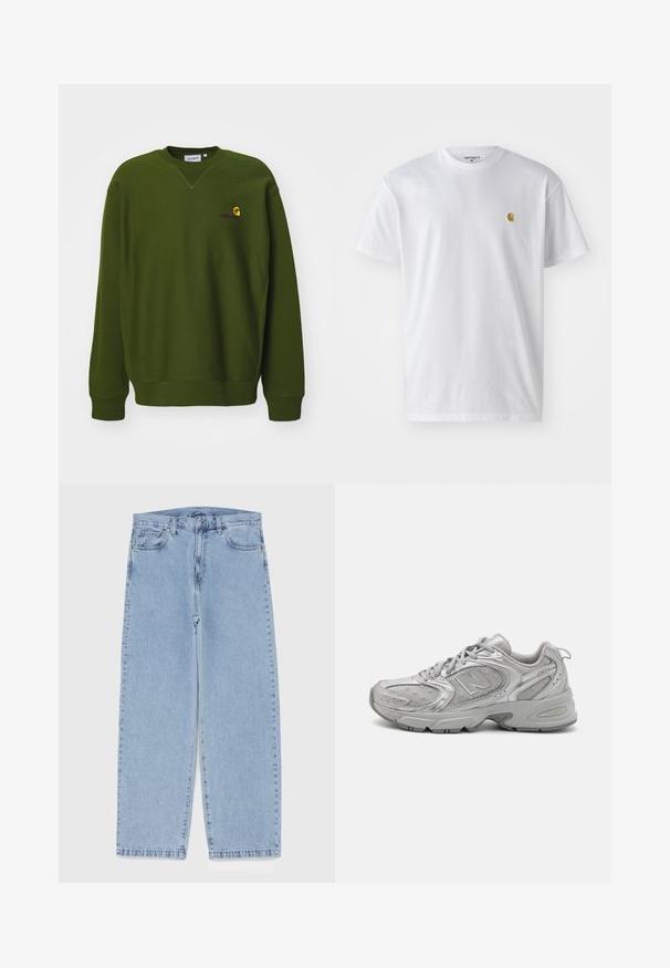 Olive green sweatshirt with a relaxed fit, crew neck, and ribbed cuffs. Features a small, yellow and purple embroidered logo on the chest.; White cotton t-shirt with short sleeves, crew neck, featuring a small gold logo on the left chest area. Soft texture and regular fit.; Light blue denim jeans with straight leg design, featuring a mid-rise waist, five pockets, and a button and zipper closure.; Silver athletic shoe with a sleek design, mesh panels, padded tongue, textured synthetic upper, and rubber outsole for traction.