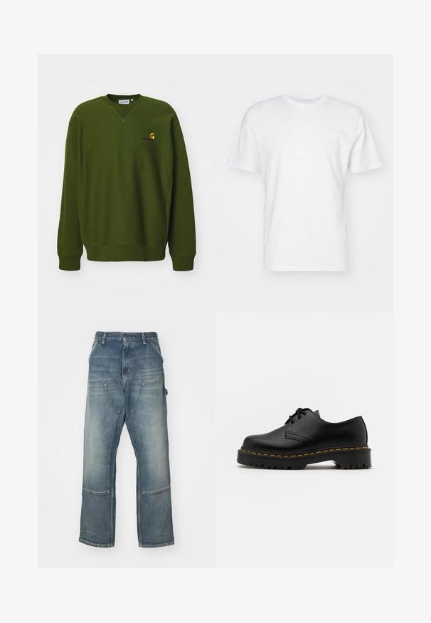 Olivenfarbener Pullover mit lockerer Passform, Rundhalsausschnitt und gerippten Bündchen. Verfügt über ein kleines, gelbes und lila gesticktes Logo auf der Brust.; Weißes Baumwoll-T-Shirt mit kurzen Ärmeln, Rundhalsausschnitt und glatter Textur. Einfaches Design ohne Muster oder Grafiken.; Helle blaue Jeans mit lockerer Passform, aus Denim gefertigt. Merkmale sind weite Beine, große Fronttaschen und Kontrastnähte.; Schwarze Leder Schnürschuhe mit runder Spitze, strukturiertem Gummisohle und gelben Nähten um den Rand. Flaches Design und glatte Oberfläche.