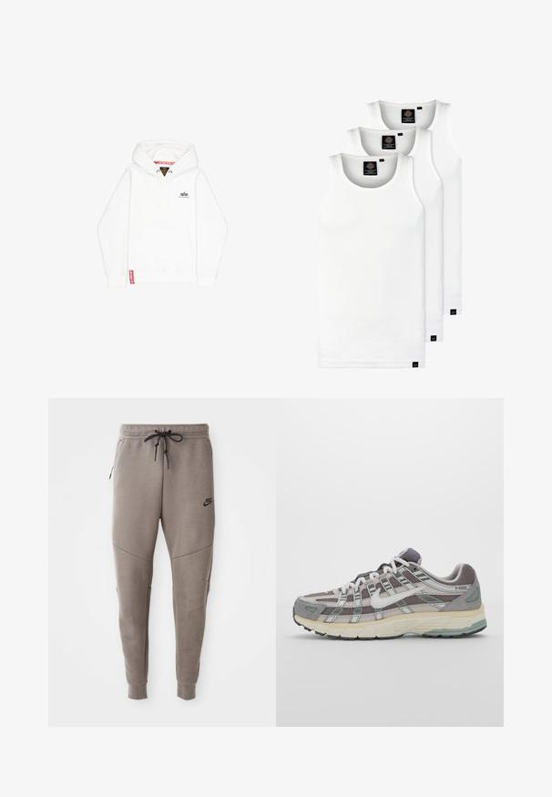 Sudadera blanca con capucha y bolsillo frontal, cierre de cordón y un pequeño logo negro en el pecho. Presenta una etiqueta roja en el dobladillo.; Tres camisetas sin mangas de algodón de color blanco con canalé. Cuentan con cuello redondo y pequeñas etiquetas negras cerca del dobladillo. Disponibles en múltiples tamaños.; Pantalones de chándal grises de Nike con cintura ajustable, piernas ajustadas, bolsillos laterales y costuras distintivas. Tejido suave y texturizado.; Zapatilla deportiva gris con parte superior de malla y ante, acentos blancos, suela acolchada y un diseño distintivo con elementos reflectantes.
