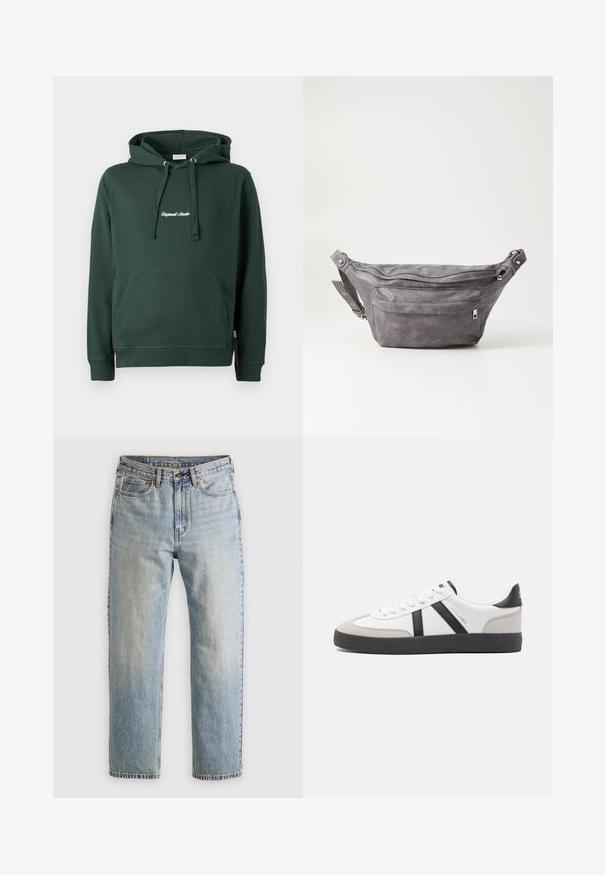 Felpa verde in cotone con cappuccio, tasca a marsupio frontale, polsini a coste e logo ricamato sul petto in bianco. Design semplice.; Jeans in denim azzurro chiaro con vita alta, bottone anteriore, cerniera e design a cinque tasche, adagiati su uno sfondo neutro.; Sneaker bianco con accenti neri e grigi, dotata di una punta grigia testurizzata, suola in gomma nera e lacci bianchi piatti. Design pulito, stile minimalista.; Fanny pack in suede grigio con forma arrotondata, due scomparti con cerniera e tracolla regolabile. Presenta dettagli in metallo.