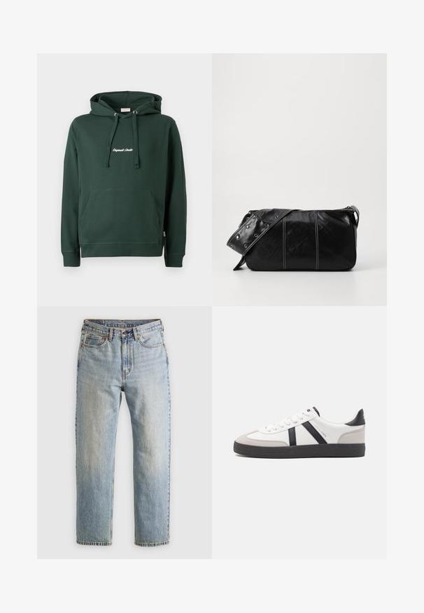 Grüner Hoodie aus Baumwolle mit einer Kängurutasche vorne, gerippten Bündchen und einem gestochenen Logo auf der Brust in Weiß. Einfaches Design.; Helle blaue Jeans mit hoher Taille, Frontknopf, Reißverschluss und fünf Taschen-Design, flach auf einem neutralen Hintergrund ausgelegt.; Weiße Sneaker mit schwarz- und grau-aczenten, ausgestattet mit einer strukturierten grauen Zehenkappe, schwarzer Gummi-Sohle und flachen weißen Schnürsenkeln. Sauberes Design, minimalistische Stil.; Schwarze Leder Schultertasche mit Reißverschluss, ausgestattet mit einer strukturierten Oberfläche, weißen Nähten und einem Tragegurt mit silbernen Ösen.