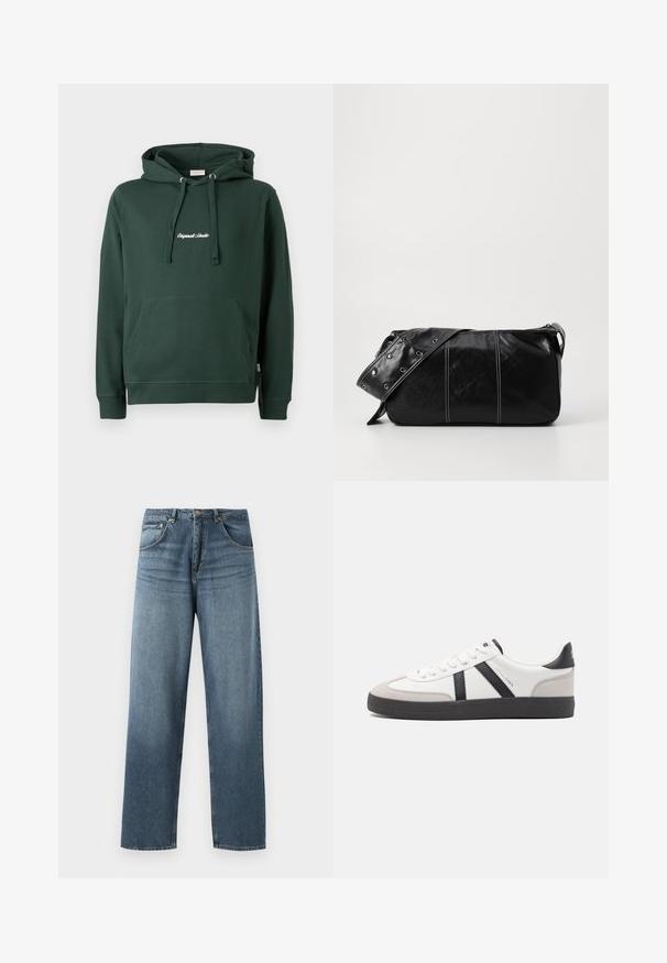 Grüner Hoodie aus Baumwolle mit einer Kängurutasche vorne, gerippten Bündchen und einem gestochenen Logo auf der Brust in Weiß. Einfaches Design.; Gerade geschnittene blaue Jeans aus Denim mit gewaschenem Finish, ausgestattet mit einem Fünf-Taschen-Design, Metallknopf und Gürtelschlaufen. Robustes, mittelschweres Material.; Weiße Sneaker mit schwarz- und grau-aczenten, ausgestattet mit einer strukturierten grauen Zehenkappe, schwarzer Gummi-Sohle und flachen weißen Schnürsenkeln. Sauberes Design, minimalistische Stil.; Schwarze Leder Schultertasche mit Reißverschluss, ausgestattet mit einer strukturierten Oberfläche, weißen Nähten und einem Tragegurt mit silbernen Ösen.