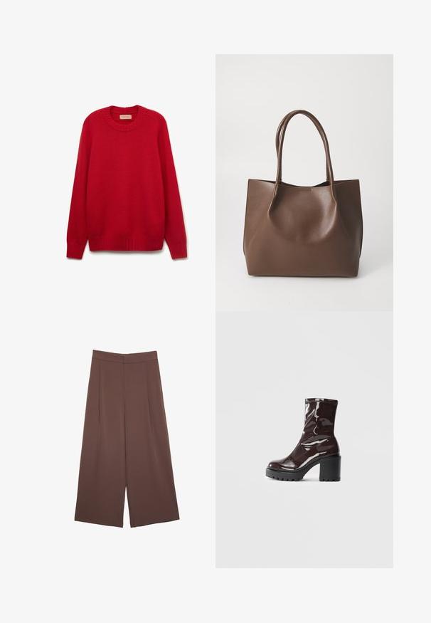 Roter Pullover mit Rundhalsausschnitt, gerippten Bündchen und Saum. Aus weichem Strickmaterial gefertigt, mit gleichmäßiger Textur und einfarbigem Design.; Braune Weite-Leg-Hosen mit einer glatten Textur, hoher Taille und Vorderfalten. Der Stoff ist leicht und fällt locker.; Glatte bordeauxrote Ankle Boots mit einem klobigen schwarzen Absatz, die eine glatte Oberfläche und ein einfaches Design aufweisen. Keine sichtbaren Verschlüsse oder Muster.; Braune Leder-Tote mit zwei langen Tragriemen, strukturiertem Shape, glatter Textur und minimalistischem Design. Keine sichtbaren Beschläge oder Akzente.