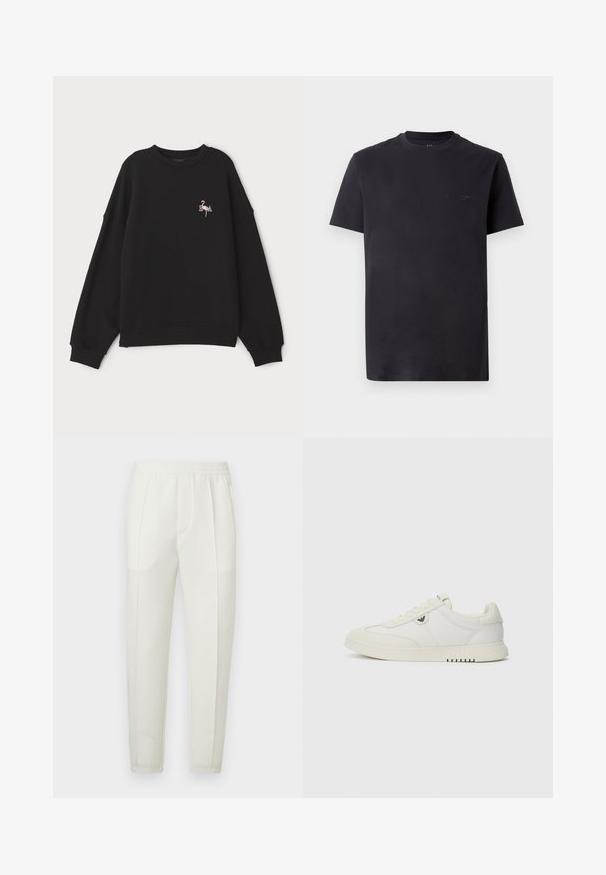 Sweatshirt preto com ombros caídos e decote redondo, apresentando um flamingo bordado e as iniciais "EA" no peito. Tecido suave.; Camiseta de algodão preta com gola redonda, mangas curtas e detalhe de logotipo em relevo no peito. Textura suave, ajuste descontraído.; Calças brancas de corte slim com cintura elástica, apresentando dois bolsos laterais e uma textura suave e ligeiramente brilhante.; Sapatilha branca de cano baixo com fecho de atacadores, sola lisa e pequeno logótipo metálico na lateral, mostrada em fundo simples.