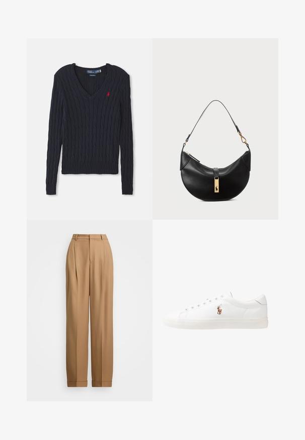 Mornarska pletena majica z V-izrezom, ki ima teksturo kabelskega pletenja, rebraste manšete in rob, ter mali rdeči logotip na prsih.; Svetlo modra srajca z dolgimi rokavi in belim kontrastnim ovratnikom. Ima gladko teksturo in pet sprednjih gumbov.; Bež hlače po meri z visokim pasom, s pregibom spredaj, ožjimi nogami in zavihanimi robovi. Gladka tkanina z rafinirano teksturo.; Bela usnjena teniski čevlji, nizki model, z gladko teksturo, okrogle konice, vezavi spredaj ter majhnim vezenim logotipom na strani.; Črna usnjena torbica v obliki polmeseca. Ima zlato kovinsko dekoracijo in ozek trak. Gladka tekstura, z zadrgo na vrhu.