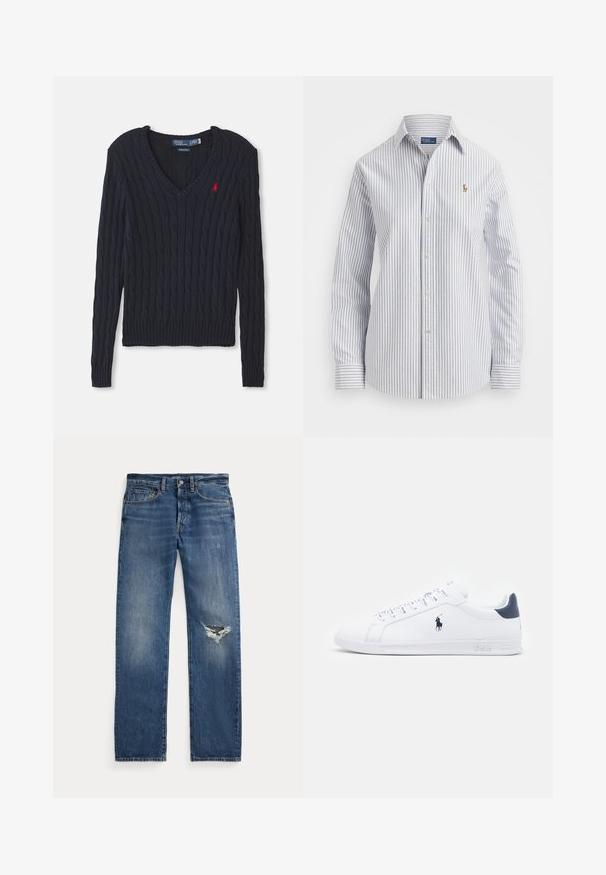 Sweater de malha azul marinho com decote em V, apresentando textura em ponto de cabos, punhos e barra canelados, e um pequeno logótipo vermelho no peito.; Camisa de botões às riscas em azul claro e branco, com um tecido suave, colarinho clássico e logótipo bordado no peito.; Jeans de denim azul com uma cintura de altura média, cinco bolsos e um rasgado desfiado no joelho direito.; Tenis brancos de couro com um acabamento suave, detalhes em azul marinho e um pequeno logotipo na lateral. Possui atacadores planos e sola de borracha texturizada.