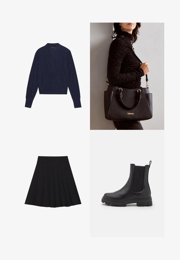 Tengerészkék, átkötős pulóver hosszú ujjal, V-nyakkivágással és bordás mandzsettával. Puha anyag, sima textúrával és testhezálló derékkialakítással.; Fekete, pliszírozott szoknya texturált anyagból, szűk derékpánttal. Térd alá ér, sima, letisztult vonalvezetéssel.; Fekete bőrből készült bokacsizma, elasztikus oldalpanellel, kerek orral és textúrált gumitalppal. Hátulján hurok található a könnyű felhúzás érdekében.; Fekete kézitáska texturált felülettel, dupla felső fogantyúval és állítható vállpánttal. Arany színű fém kiegészítők és oldalsó zsebek találhatók rajta.