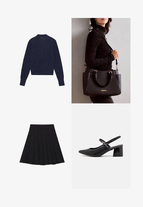 Tengerészkék, átkötős pulóver hosszú ujjal, V-nyakkivágással és bordás mandzsettával. Puha anyag, sima textúrával és testhezálló derékkialakítással.; Fekete, pliszírozott szoknya texturált anyagból, szűk derékpánttal. Térd alá ér, sima, letisztult vonalvezetéssel.; Fekete lakk bőr, pántos magassarkú cipő, hegyes orral, lekerekített kivágással és tömbsarkal. Arany színű csat díszíti.; Fekete kézitáska texturált felülettel, dupla felső fogantyúval és állítható vállpánttal. Arany színű fém kiegészítők és oldalsó zsebek találhatók rajta.