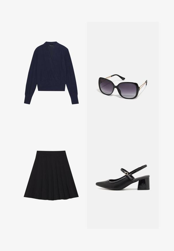 Navy blue wrap-neuletakki, jossa on pitkät hihat, V-pääntie ja ribbauslahkeet. Pehmeä kangas, joka on sileä ja viehättävä, sekä slim fit -vyötärön muotoilu.; Musta taitettu hame, joka on valmistettu teksturoidusta kankaasta ja jossa on tiukka vyötärö. Laskeutuu polveen, ja siinä on suora ja siisti siluetti.; Musta lakattu nahka slingback-korkokengät, joissa on terävä kärki, pyöreä aukko-muotoilu ja lohkokorko. Varustettu kultasävyisellä solkiyksityiskohdalla.; Mustat ylisuurten kehysten aurinkolasit, joissa on liukuväri-linssit, paksut kehykset ja kultasävyiset ketjustuskoristeet temppeleissä.; Musta käsilaukku, jossa on rakenteellinen muoto, sileä pinta ja metallinen solki. Yhdistetty leveisiin mustiin housuihin ja avonaiheisiin sandaaleihin puulattialla.