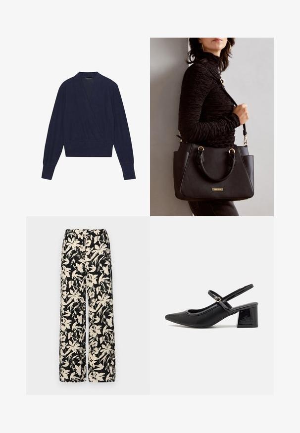 Navyblauwe wikkeltrui met lange mouwen, V-hals en geribde mouwomslagen. Zachte stof met een gladde textuur en een aansluitend tailleontwerp.; Zwarte wijde broek met een crèmekleurig bloemenpatroon. Gemaakt van lichtgewicht stof, met een zachte textuur en een hoge tailleband.; Zwarte gepolijste leren slingback hakken met een spitse neus, een ronde uitsnede en een blokhak. Voorzien van een gouden gespaccent.; Zwarte handtas met gestructureerd oppervlak, dubbele bovenhandvatten en verstelbare schouderriem. Voorzien van goudkleurige hardware en zijzakken.