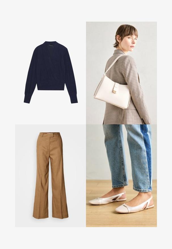 Navy blue wrap sweater with long sleeves, V-neckline, and ribbed cuffs. Soft fabric with a smooth texture and a fitted waist design.; Brown wide-leg pants made of lightweight fabric. Features a flat front, belt loops, and a tailored silhouette with an ankle-length cut.; Pale pink slingback flats with a pointed toe, made from a smooth leather-like material. Features cut-out details at the sides and a flat heel.; White leather handbag with a structured design, featuring a magnetic clasp and a shoulder strap, showcased against a neutral background.