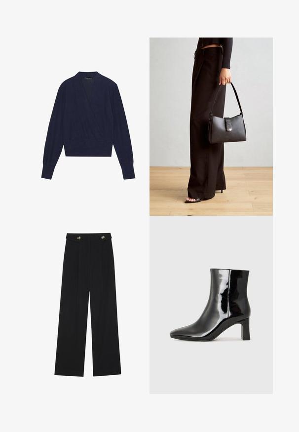 Μπλέ ζακέτα τύπου wrap με μακριά μανίκια, V-λαιμόκοψη και ριμπ μανσέτες. Μαλακό ύφασμα με απαλό κείμενο και σχεδίαση με στενή μέση.; Μαύρο παντελόνι φόρμας σε φαρδιά γραμμή με ψηλή μέση, κουμπιά στη μέση και πλαϊνές τσέπες.; Μαύρη πατενταρισμένη δερμάτινη μπότες αστραγάλου με μυτερή μύτη και μεσαίο τετράγωνο τακούνι. Λείος υφή και μινιμαλιστικός σχεδιασμός.; Μαύρη τσάντα χειρός με δομημένο σχήμα, λεία υφή και μεταλλικό κούμπωμα. Συνδυασμένη με φαρδιά μαύρα παντελόνια και σανδάλια ανοιχτής μύτης πάνω σε ξύλινο πάτωμα.