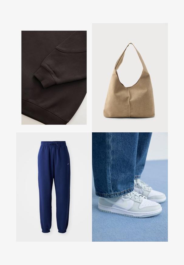 Felpa marrone scuro con polsini e orlo a costine. Texture liscia con scollatura rotonda e cucitura visibile sulla manica.; Pantaloni della tuta blu navy realizzati in tessuto morbido, con vita elasticizzata regolabile tramite cordino, polsini elasticizzati e un piccolo logo bianco.; Sneakers Nike in pelle bianca e grigia chiara con punta perforata, lacci piatti e suola in gomma, abbinate a jeans in denim blu.; Borsa hobo in morbido suede beige con una forma scomposta, ampia tracolla e un dettaglio di cucitura a mano lungo la parte anteriore.