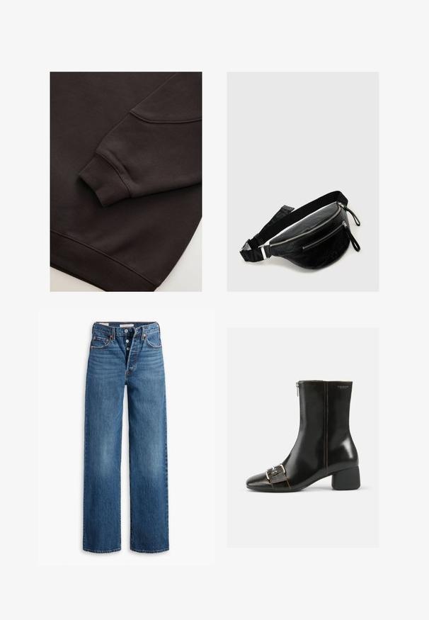 Tumepruun sviiter ribitud varrukate ja hemiga. Sile tekstuur ümarate kaelustega ja nähtava õmblusega varrukal.; Sinine denim kangas, laia jalaga disain, viie taskuga, nööbiliidiga ja kontrastsete õmblustega. Tekstuuriga kangas, millel on pleekinud viimistlus.; Must mustaankelid, millel on ümar nina, külgsi lukk ja hõbedane puksi detail. Omab paksu kontsa ja kontrastset õmblemist.; Mustast nahast vööümbris kahe lukuga tühikuga, tekstuurse pinnaga, reguleeritava rihma ja hõbedaste metalldetailidega.