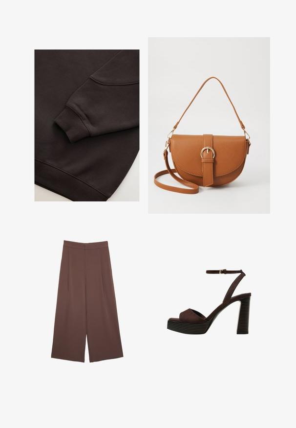 Mørkebrun sweatshirt med ribbede manchetter og kant. Glat tekstur med rund halsudskæring og en synlig søm på ærmet.; Brune bredbunde bukser med en glat tekstur, der har høj talje og plisseringer foran. Stoffet er let og falder løst.; Brune ruskinds højhælede sandal med åben tå, justerbar ankelrem og en stribet plade sål.; Brun læder crossbody taske med en buet form, guldfarvet hardware og en spændeaccent. Har en aftagelig skulderrem.