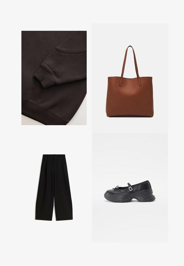 Mørkebrun sweatshirt med ribbede manchetter og kant. Glat tekstur med rund halsudskæring og en synlig søm på ærmet.; Sorte bredbenede bukser lavet af glat stof, med høj talje, læg foran, og uden synlige dekorationer eller mønstre.; Sorte læder Mary Jane-sko med rund tå, sløjfedetalje og justerbar ankelrem. Har en robust gummisål med buede accenter.; Brun læder tote taske med en glat overflade, åben topdesign og to skulderremme. Har minimal syning og ingen synlig hardware.