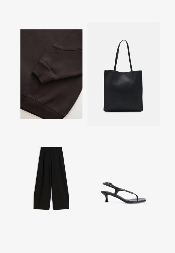 Mörkbrun sweatshirt med ribbade muddar och nederkant. Slät textur med rund halsringning och en synlig söm på ärmen.; Svarta vida byxor i mjukt tyg, med hög midja, veck framtill och utan synliga dekorationer eller mönster.; Svart lädersandal med en smal design, tunna remmar och en liten klack. Har en spänneaccent och en slät, texturerad fotbädd.; Svart lädertoffelväska med slät textur, rektangulär form och två långa handtag. Ingen synlig hårdvara eller dekorationer.