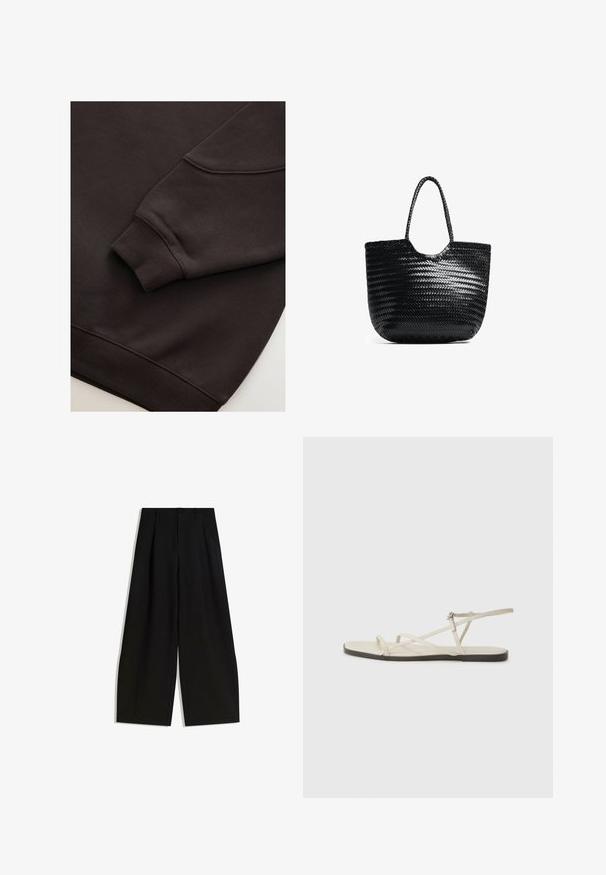 Mørkebrun sweatshirt med ribbede manchetter og kant. Glat tekstur med rund halsudskæring og en synlig søm på ærmet.; Sorte bredbenede bukser lavet af glat stof, med høj talje, læg foran, og uden synlige dekorationer eller mønstre.; Beige flad sandal med flere slanke stropper og en justerbar spænde. Sålen er flad med en let mørkere kontrast ved kanten.; Sort vævet totebag med en afrundet top, sidesømme og to flettede håndtag. Har et struktureret mønster og en rummelig indvendig plads.