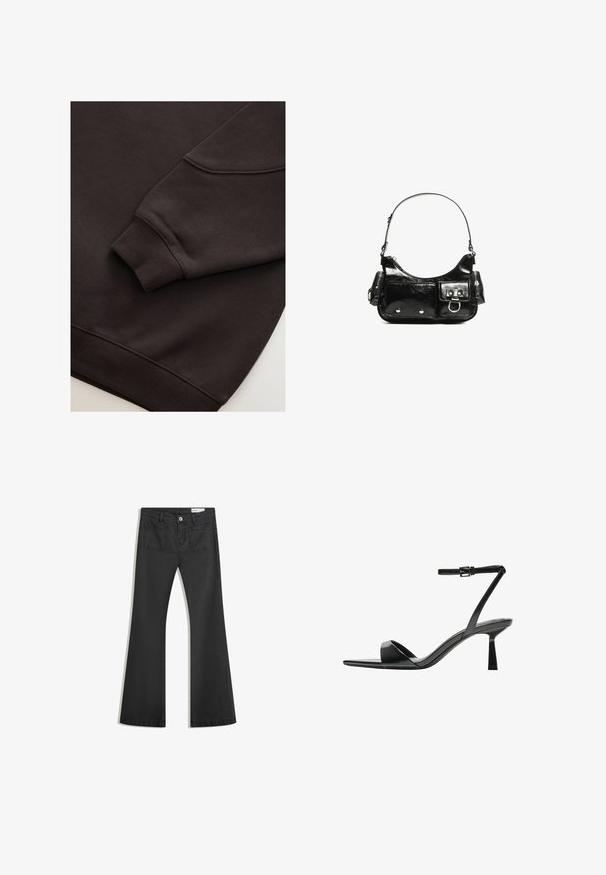 Tamno smeđi dukserica s rebrastim manžetama i donjim rubom. Glatka tekstura s okruglim izrezom i vidljivim šavom na rukavu.; Crne široke traperice od denima s glatkom teksturom, s dva stražnja džepa i kopčanjem na dugme u struku.; Bershka Sandale s visokom petom - black; Crna patentna kožna torba s zakrivljenim oblikom, jednim remenom za rame, prednjim džepovima i akcentima od srebrnog tona.