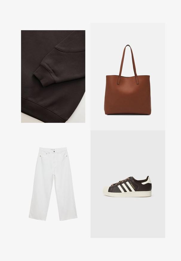 Mørkebrun sweatshirt med ribbede manchetter og kant. Glat tekstur med rund halsudskæring og en synlig søm på ærmet.; Hvide bukser med bred benvidde lavet af denim med høj talje, der har fem lommer og metalhardware. Glat tekstur, uden synlige mønstre.; Low-top Adidas Superstar-sneaker i mørkebrunt læder med cremefarvet skal-tå, hvide striber og teksten "Superstar" på siden.; Brun læder tote taske med en glat overflade, åben topdesign og to skulderremme. Har minimal syning og ingen synlig hardware.