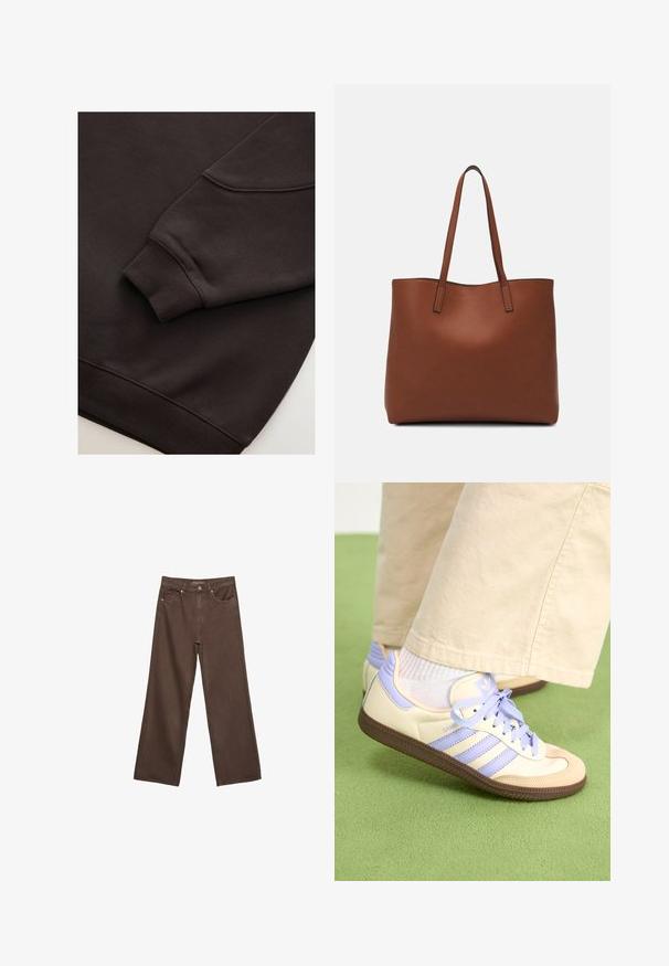 Mørkebrun sweatshirt med ribbede manchetter og kant. Glat tekstur med rund halsudskæring og en synlig søm på ærmet.; Bredde ben brun denim jeans med høj talje, forlommer og klassisk knaplukning. Glat tekstur med diskret syninger.; Creme og lavendel sneakers med tre striber og en tekstureret brun sål, der har snørebånd og en polstret hæl. Blødt stof øvre.; Brun læder tote taske med en glat overflade, åben topdesign og to skulderremme. Har minimal syning og ingen synlig hardware.