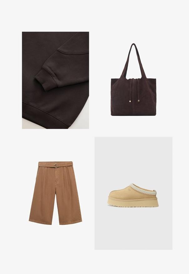 Tummanruskea huppari, jossa on resorit hihansuissa ja helman alaosassa. Sileä pinta, pyöreä kaula-aukko ja näkyvä sauma hihassa.; Ruskeat puuvillaiset culottes-housut, joissa on laskokset, leveät lahkeet ja vyötärö, jossa on pyöreä hopeinen metalli-solki. Silkkinen tuntuma ja rento muotoilu.; Vaaleanruskeat mokka-slip-on-kengät, joissa on pehmustettu kaulus ja teksturoitu vaaleansininen yksityiskohta. Ominaisuuksiin kuuluu paksu, kestävä pohja, jossa on kuvioitu kulutuspinta.; Mango Shopping bag - dark brown