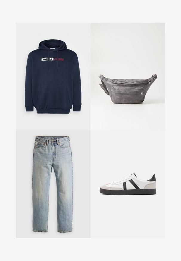 Navy blue hoodie with a kangaroo pocket, drawstring hood, and white/red printed logo reading "JACK & JONES" across the chest.; Light blue denim jeans with high waist, front button, zipper, and five-pocket design, laid flat on a neutral background.; White sneaker with black and gray accents, featuring a textured gray toe cap, black rubber sole, and flat white laces. Clean design, minimalist style.; Gray suede fanny pack with a rounded shape, two zippered compartments, and adjustable strap. Features metal hardware accents.