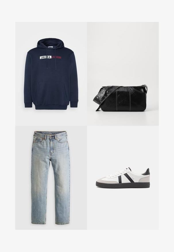 Navy blue hoodie with a kangaroo pocket, drawstring hood, and white/red printed logo reading "JACK & JONES" across the chest.; Light blue denim jeans with high waist, front button, zipper, and five-pocket design, laid flat on a neutral background.; White sneaker with black and gray accents, featuring a textured gray toe cap, black rubber sole, and flat white laces. Clean design, minimalist style.; Black leather shoulder bag with a zip closure, featuring a textured body, white stitching, and a strap with silver grommets.