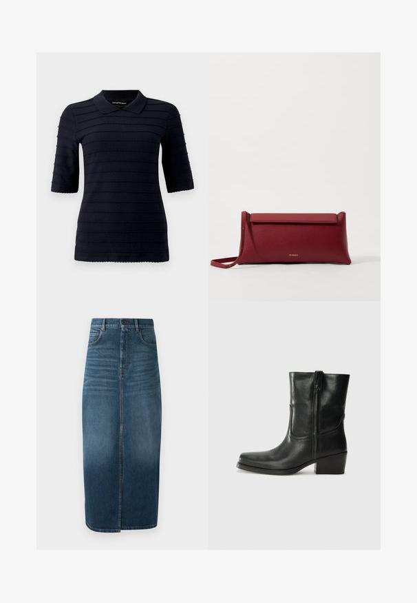 Tamsiai mėlynos spalvos polo marškiniai su trumpomis rankovėmis ir tekstūruotu, iškilnių horizontalių juostų raštu; turi klasikinį apykaklę ir banguotą hemą.; Tamsiai indigo džinsinio audinio midi sijonas su priekinėmis skeltuvėmis ir šiek tiek išblukusia spalva. Klasikinis penkių kišenių dizainas su metaliniu mygtuko uždarymu.; Juodi odiniai aulinukai iki kulkšnies su apvali nosimi, blokuotais kulnais, šonine užtrauktuku ir siuvimo akcentais ant viršutinės dalies. Lygi tekstūra, klasikinis dizainas.; Raudona odinė rankinė su tekstūruotu paviršiumi, turinti plokščią užlenkiamą viršų ir trumpą dirželį. Subtilus prekės ženklo logotipas priekyje.