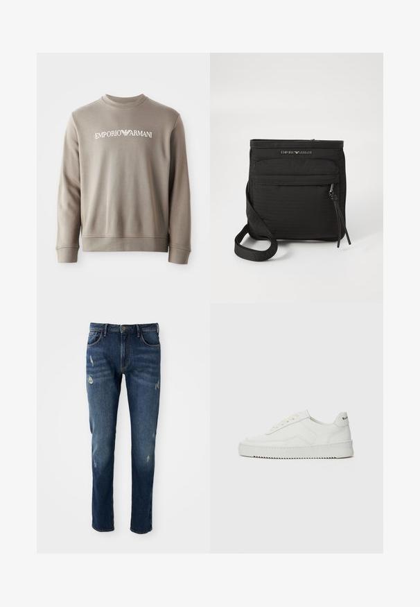 Szürke pamut kapucnis pulóver bordás mandzsettákkal és nyakkal. Jellemzője a fehér "EMPORIO ARMANI" felirat, amely a mellkason található. Puha tapintású és egyszerű dizájn.; Sötétkék farmeregyenes nadrág, karcsúsított szabással, enyhe kopásokkal a combokon és a térdeken, klasszikus öt zsebes dizájn és gombos zárás.; Fehér bőr sportcipő sima felülettel, kerek orral, lapos fűzőkkel és texturált talppal. Finom logó található a sarokon.; Fekete Emporio Armani crossbody táska elülső cipzáras zsebbel, állítható pánttal és logóval ellátott texturált anyagon.
