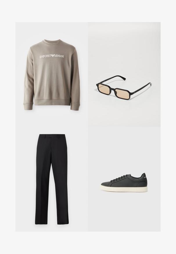 Hallhalli puuvillane fliisroogaga, millel on soonikkoes ääred ja kaelus. Ees on valge "EMPORIO ARMANI" logo. Pehme tekstuur ja lihtne disain.; Mustad, sirge lõikega püksid, mis on valmistatud siledast kangast. Omavad tavalist vöökirja ja puuduvad nähtavad mustrid või aksendid.; Mustmustest musta poolprofiiliga, ümmargune varvas ja paeltega sulgemine; omab tekstureeritud kummist tallat ja logo detaili kontsa peal.; Mustad ristkülikukujulised prillid kergelt pruunide läätsedega, paksu raami, nurkadega kujuga ja peene kullatooniga aktsentidega prillide tempel.