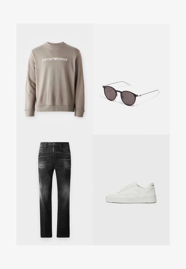 Grey cotton sweatshirt with ribbed cuffs and neckline. Features white "EMPORIO ARMANI" logo across the chest. Soft texture and simple design.; Black denim jeans with a straight fit. Features faded areas, minor distressing, classic five-pocket design, and a button closure.; White leather sneaker with a smooth finish, round toe, flat laces, and a textured sole. Features a subtle logo on the heel.; Black round sunglasses with dark lenses and slim metal arms. Includes clear temple tips and silver accents at the hinge. Minimalist design.